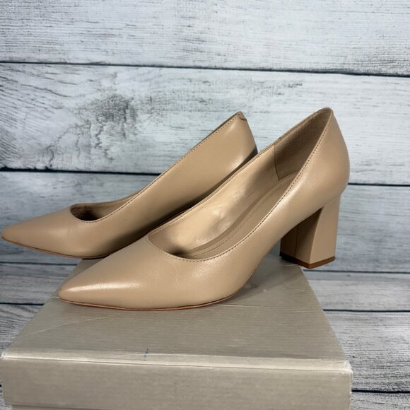 Mark Fisher Zala Block Heel Pointy Toe Pump Light Natural Tone Leather Sz 7.5 - Picture 1 of 9